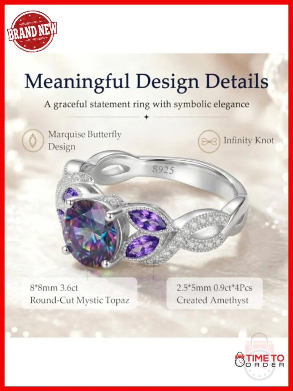 3.6ct 925 Sterling Silver Created Rainbow Topaz Amethyst Ring Bezel Setting